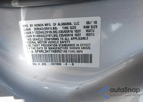 2010 Honda Odyssey Ex-L from USA, damaged, VIN 5FNRL3H77AB092146